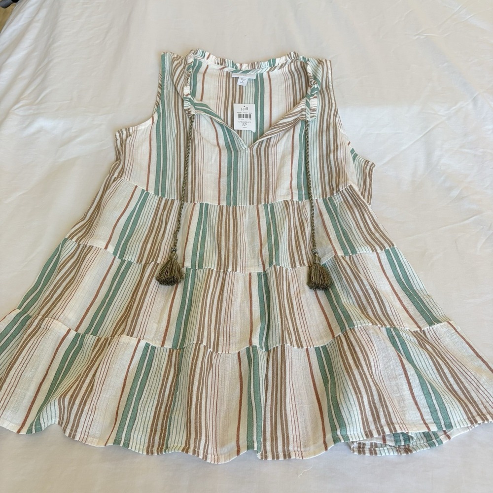 J Jill Multicolor Striped Boho Tunic S Petite String Cottage Core Prairie NWT